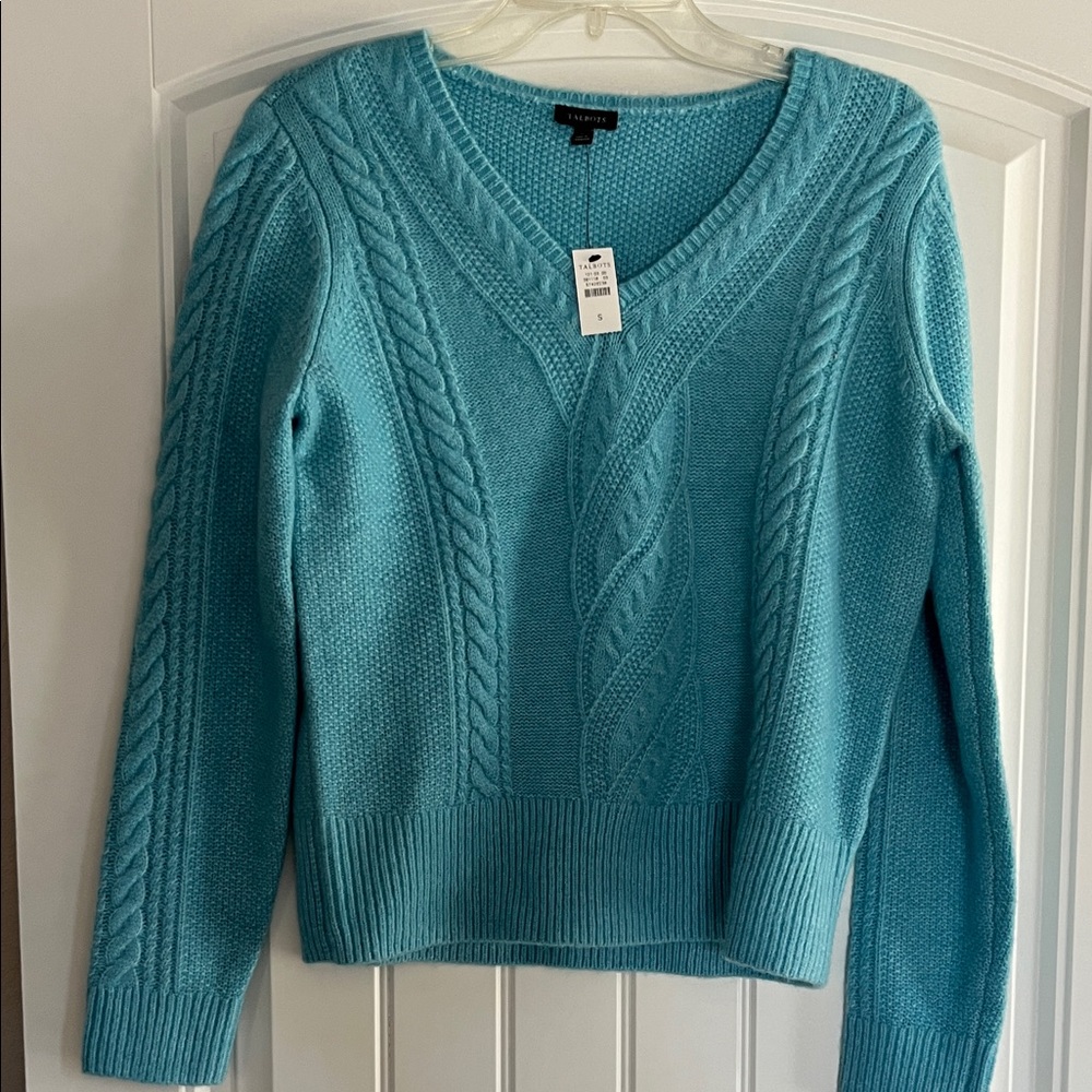 Talbots Teal V-Neck Cable Knit Sweater